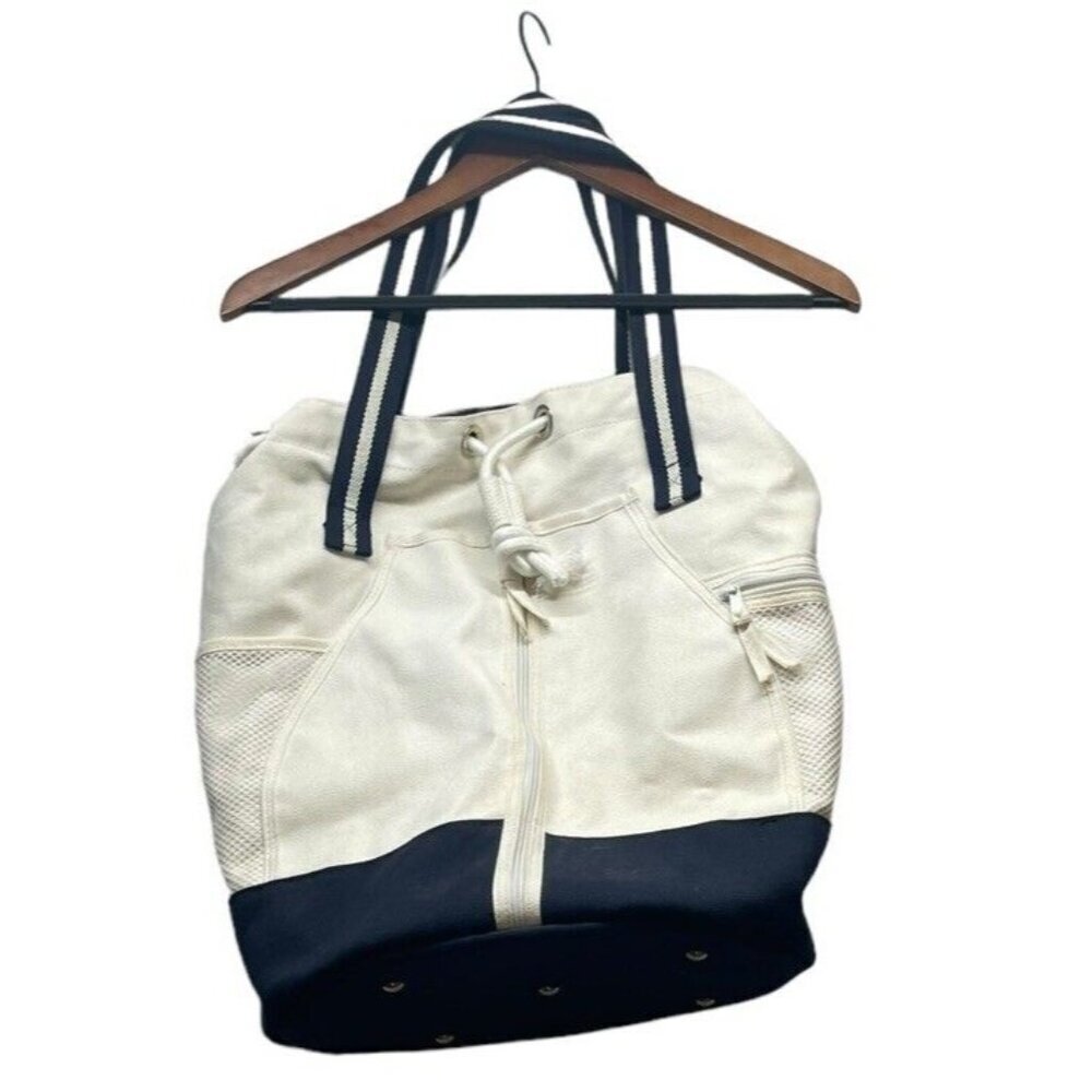 Scarborough & Tweed White Blue Large Drawstring Beach Bag Duffle Banker Gym Navy